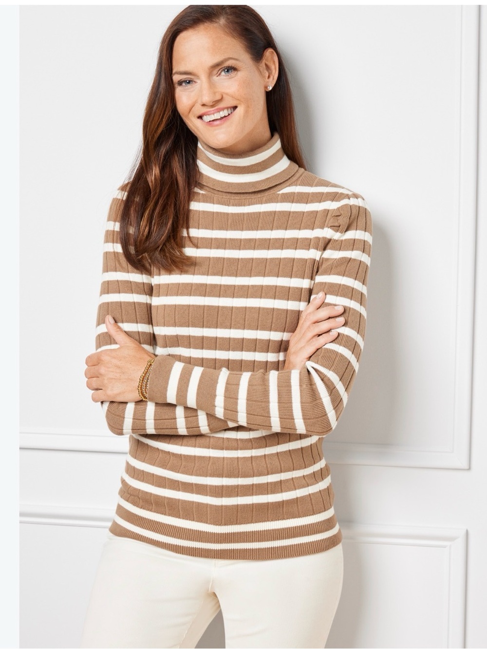 TALBOTS Tan and White Striped Turtleneck Sweater - Size M